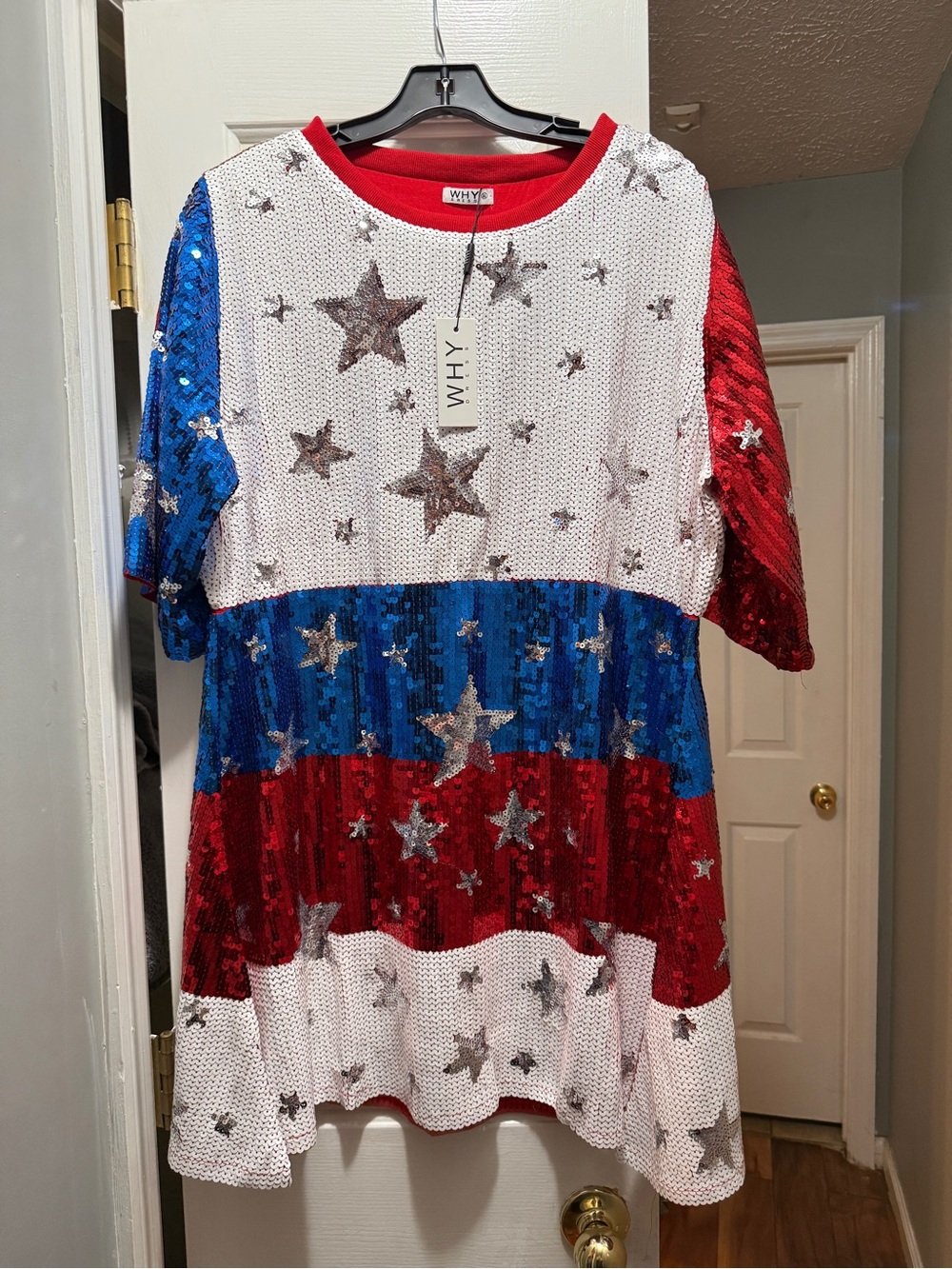 WHY Dress? Sequin Star Striped Mini Dress in Red, White & Blue